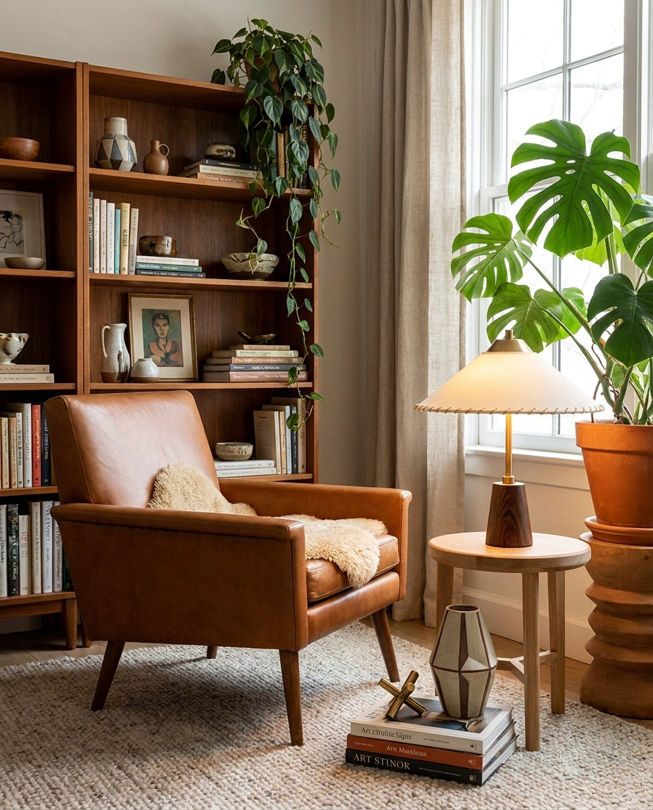 Lámpara de mesa de latón y madera con pantalla cónica Cumbela – en un rincón de lectura mid-century