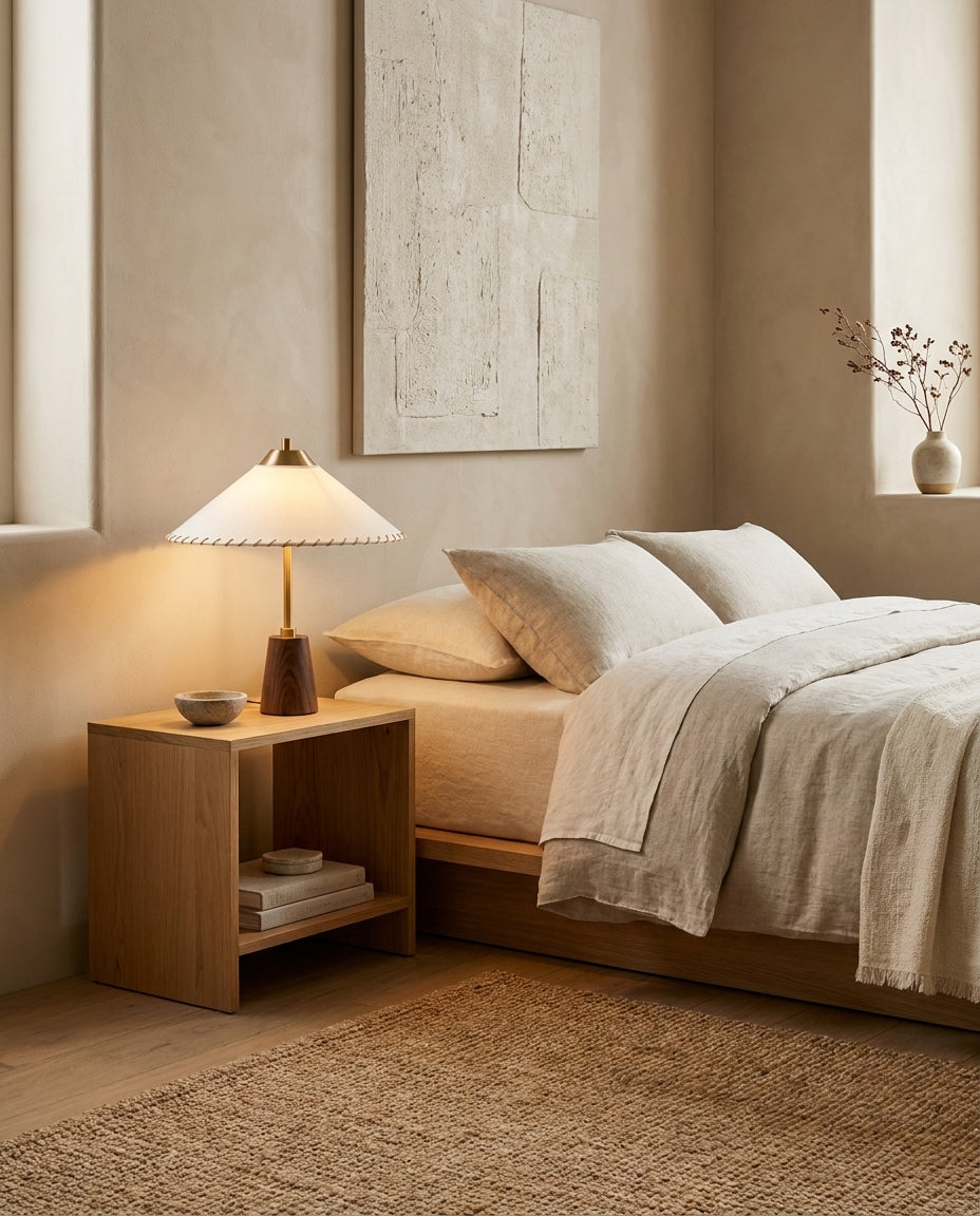 Lámpara de mesa de latón y madera con pantalla cónica Cumbela sobre una mesita de noche – imagen 7
