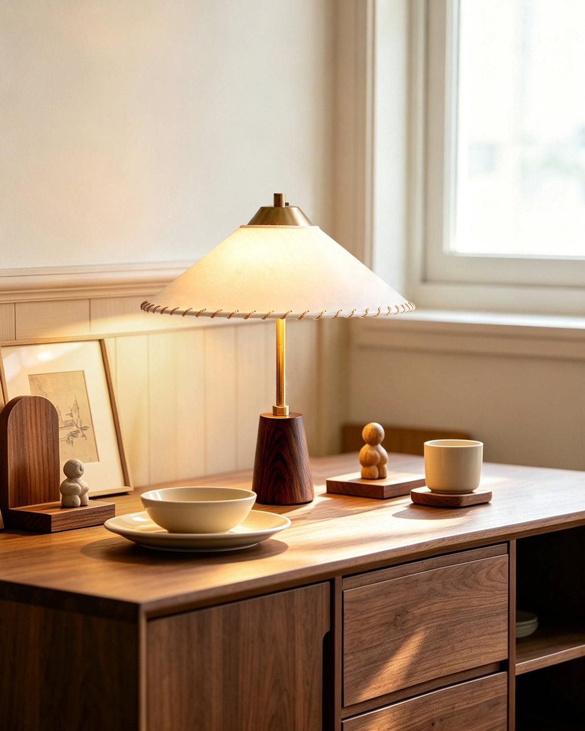 Lámpara de mesa de latón y madera con pantalla cónica Cumbela sobre una mesita de noche – imagen 9