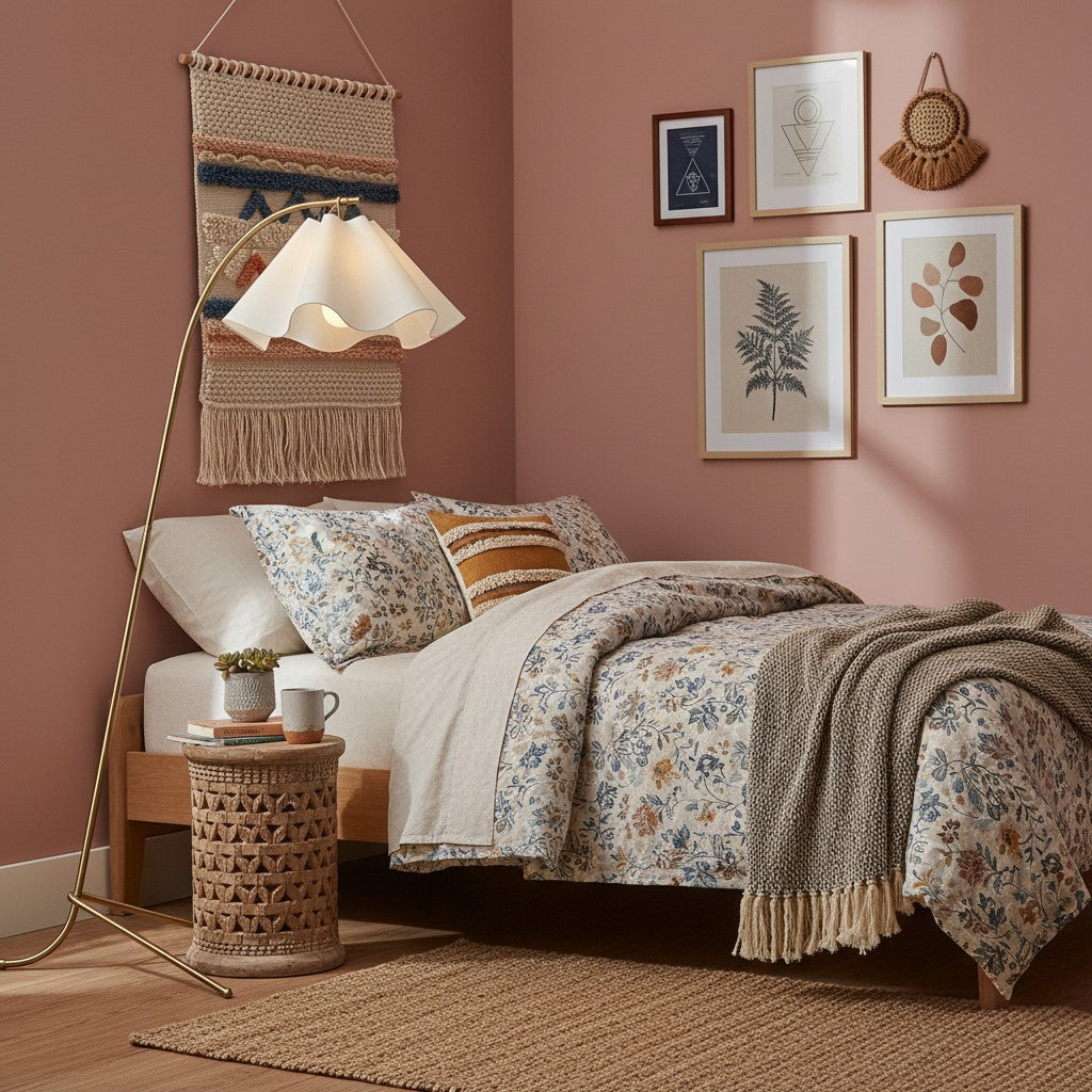Lámpara de pie arco con pantalla ondulada de tela Flurena junto a un sillón en un rincón de lectura – imagen 10