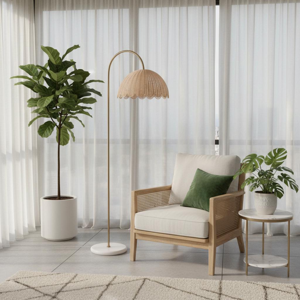 Lámpara de pie de arco con pantalla de ratán Tejida – junto a una butaca de ratán y una planta