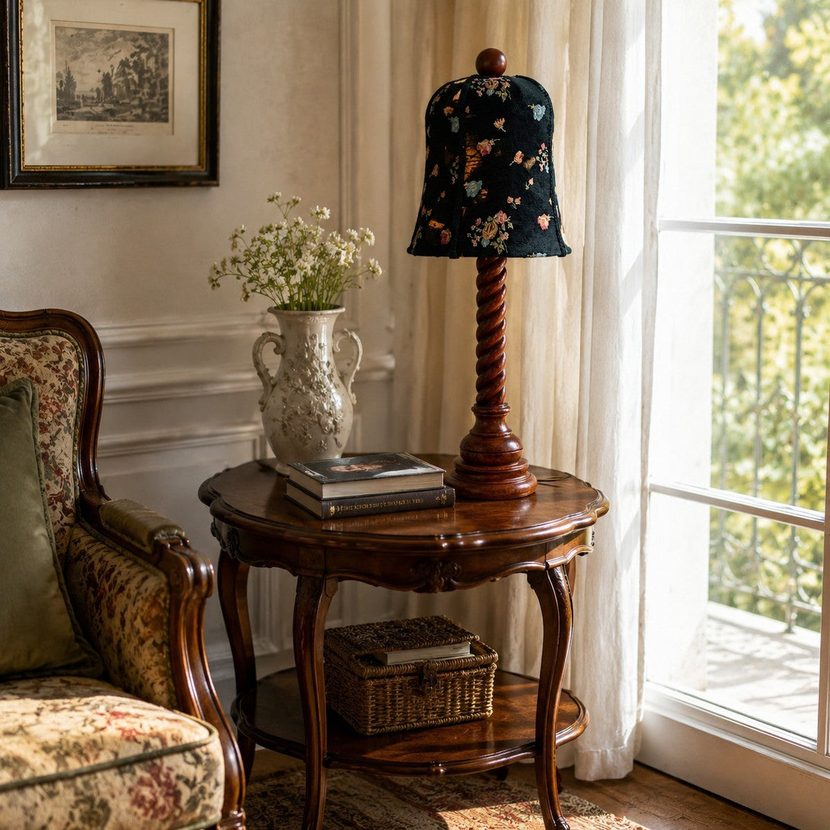 Lámpara de mesa de madera torneada con pantalla floral Torcela en un dormitorio de estilo clásico – imagen 5
