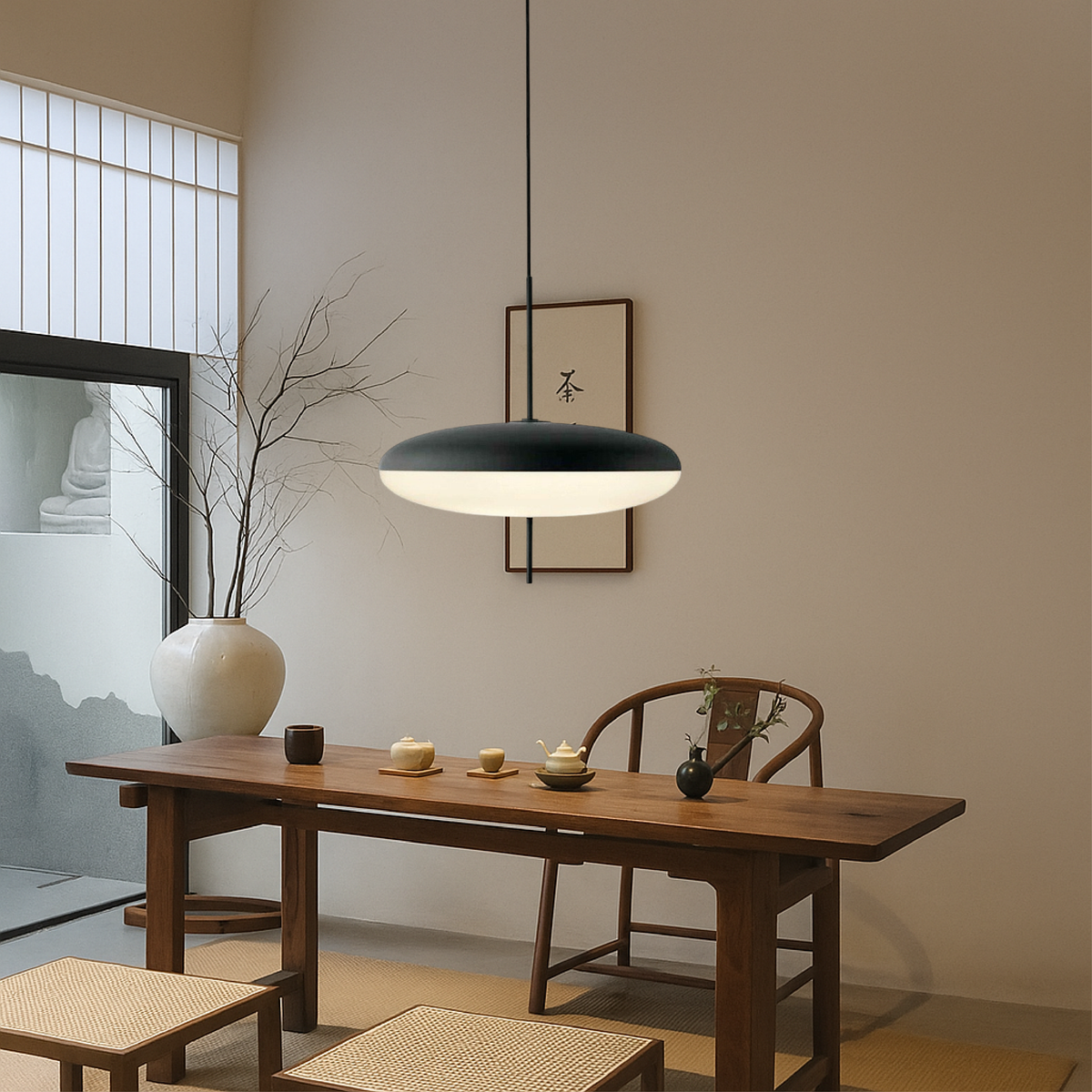 Lámpara colgante de disco Opalia sobre una mesa de comedor – imagen 2