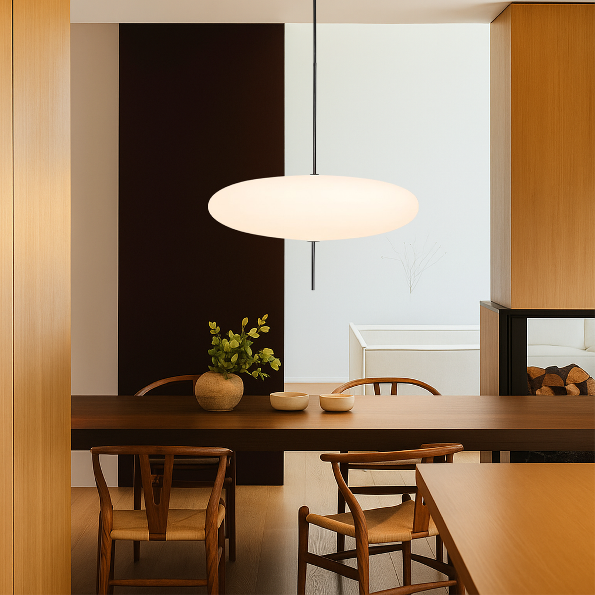 Lámpara colgante de disco Opalia sobre una mesa de comedor – imagen 3