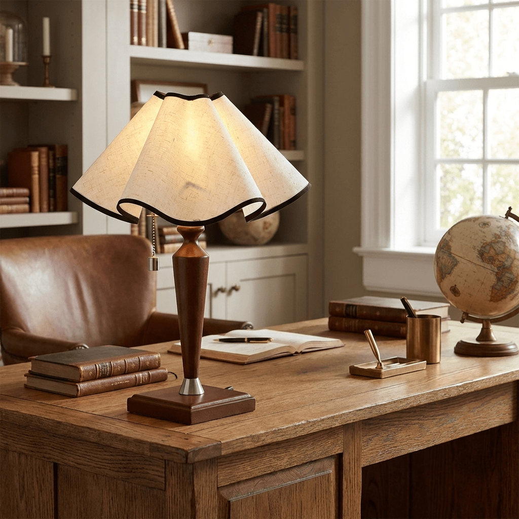 Lámpara de mesa de madera con pantalla de pétalos Davira sobre una mesita de noche – imagen 3
