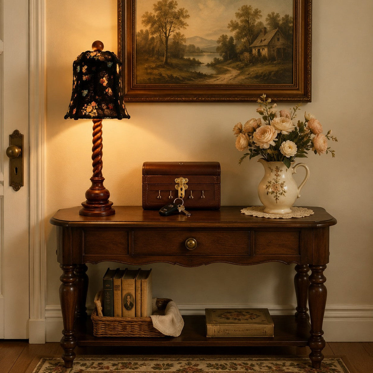 Lámpara de mesa de madera torneada con pantalla floral Torcela en un dormitorio de estilo clásico – imagen 3