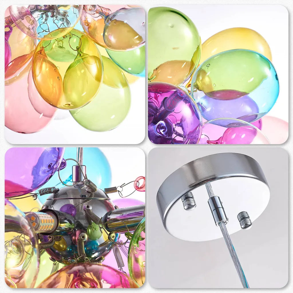 Lámpara de araña de burbujas multicolor Globira – detalle de las burbujas de cristal y el florón