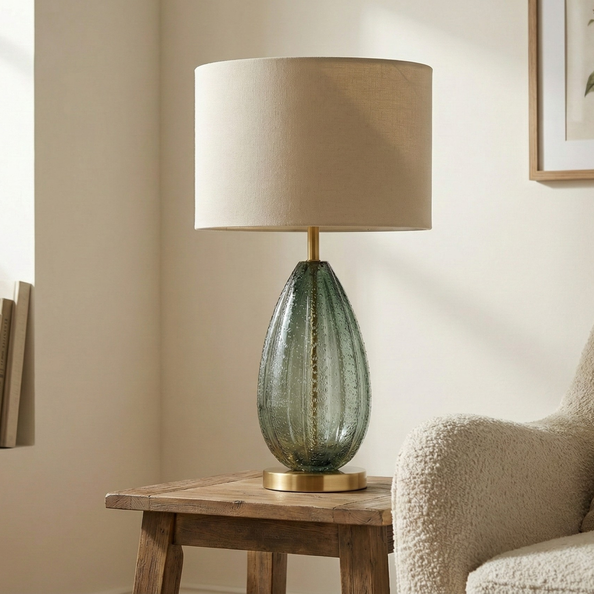 Lámpara de mesa de cristal verde Kovira – con pantalla blanca