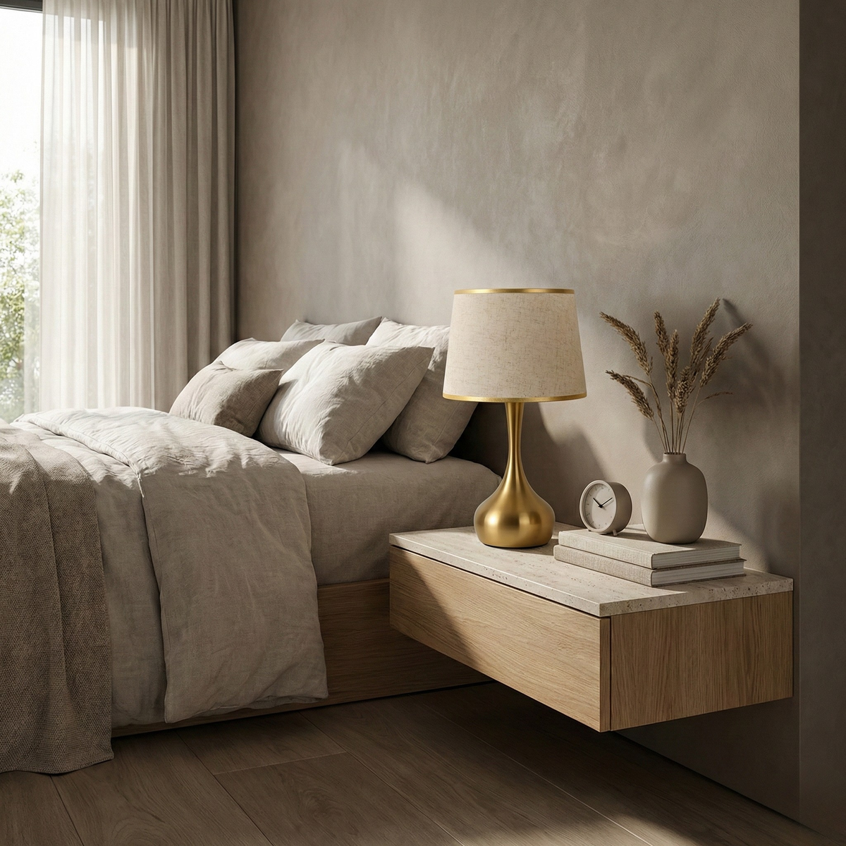 Lámpara de mesa con base dorada Orvala en un dormitorio acogedor – imagen 3