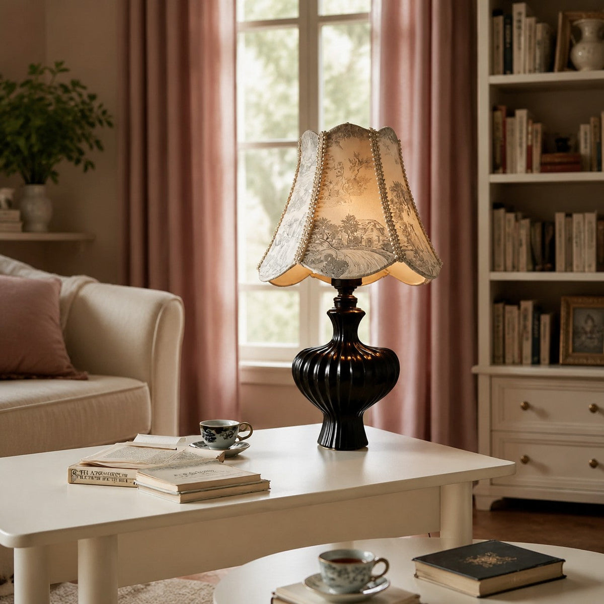 Toalia - Lámpara de Mesa Vintage Francesa con Pantalla Estampada y Perlas