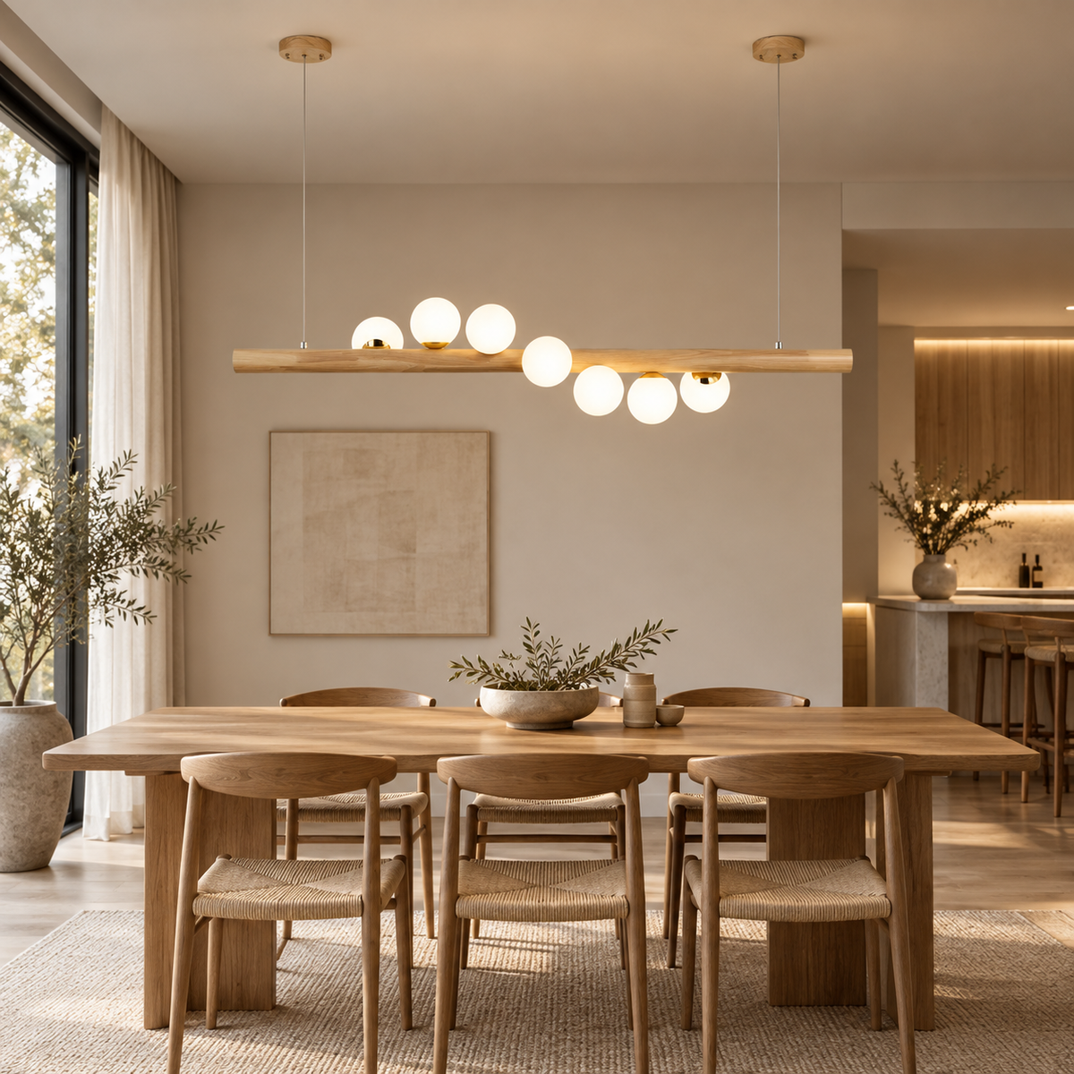 Lámpara colgante lineal de madera Galbana – en madera clara con 7 luces sobre una mesa de comedor
