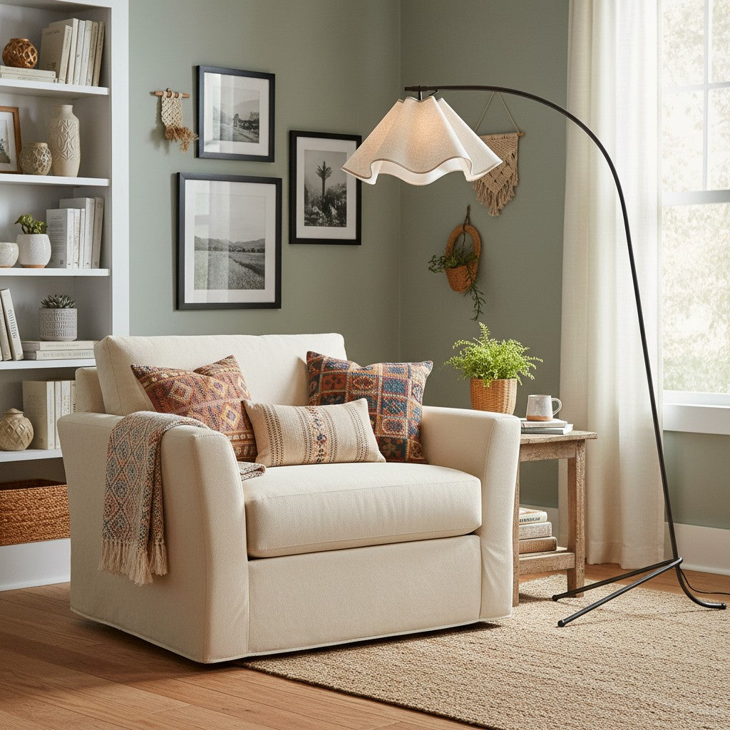 Lámpara de pie arco con pantalla ondulada de tela Flurena junto a un sillón en un rincón de lectura – imagen 15