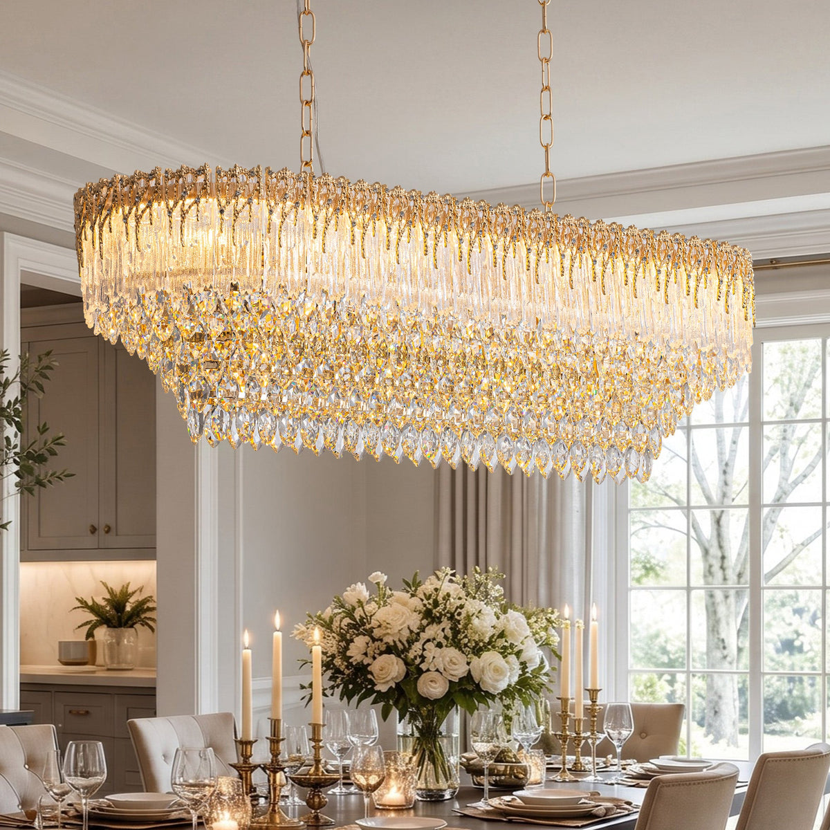 Lámpara de araña rectangular de cristal Hielora – sobre la mesa de un comedor luminoso