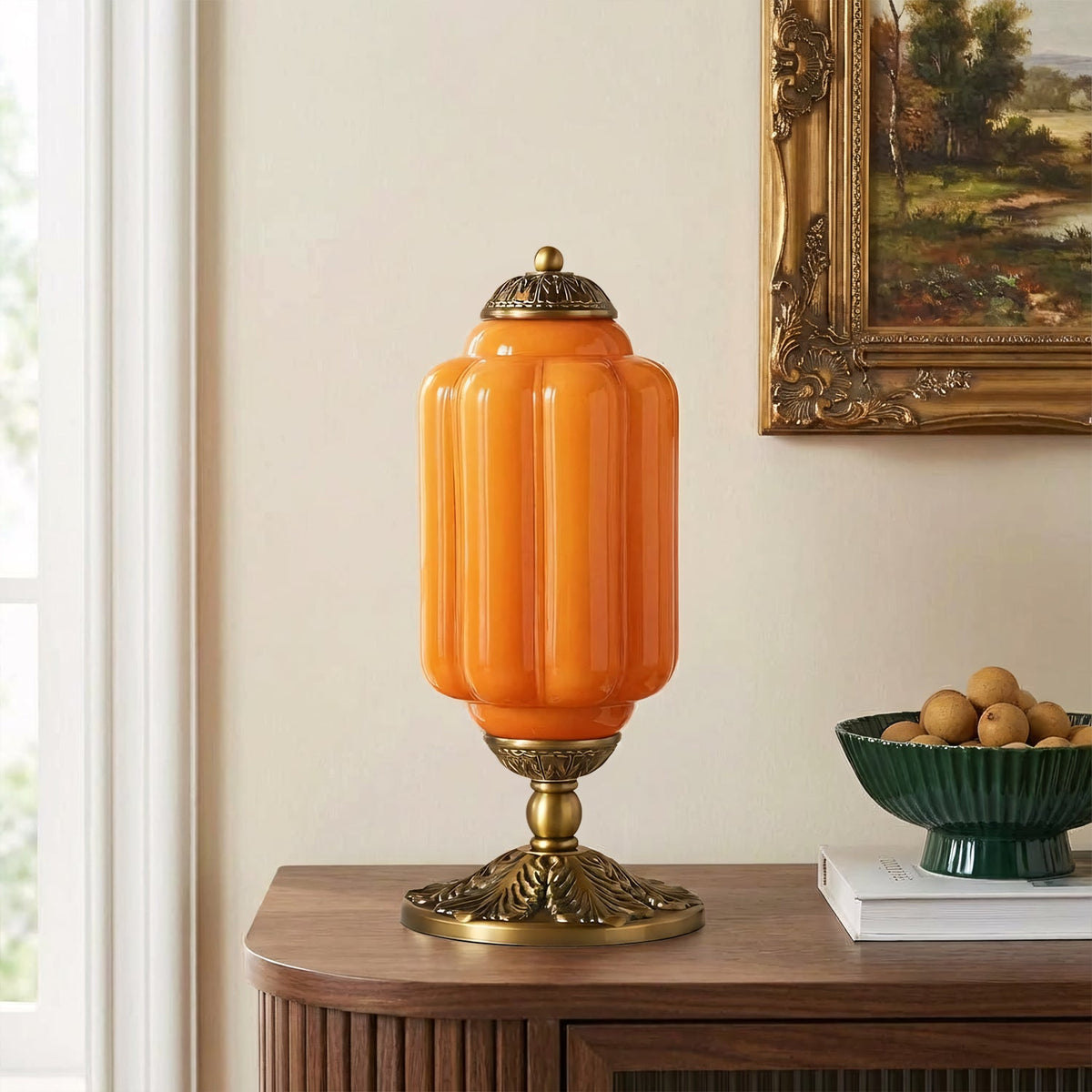 Lámpara de mesa vintage de cristal Brisela – cristal naranja con base de latón