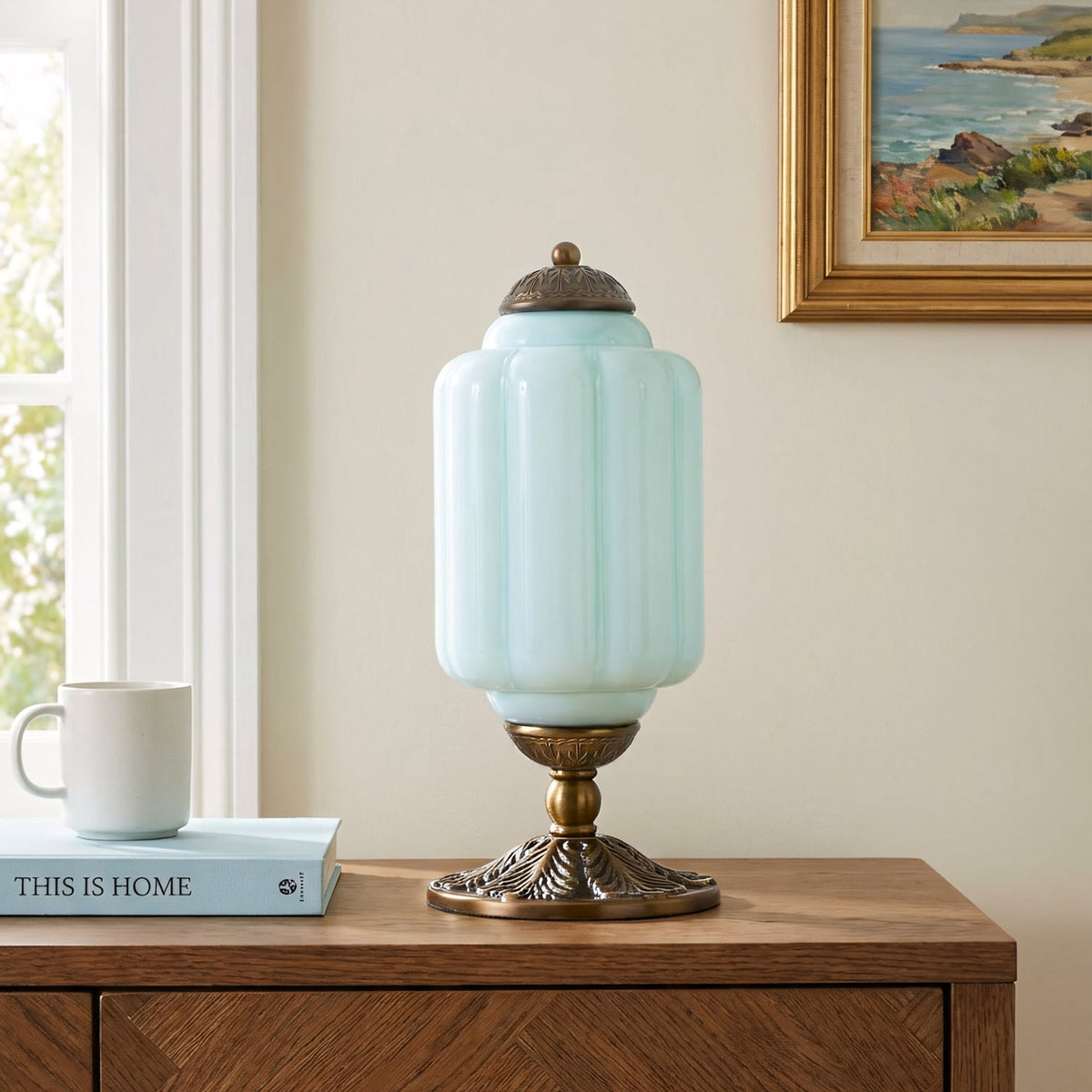 Lámpara de mesa vintage de cristal Brisela – cristal azul con base de latón