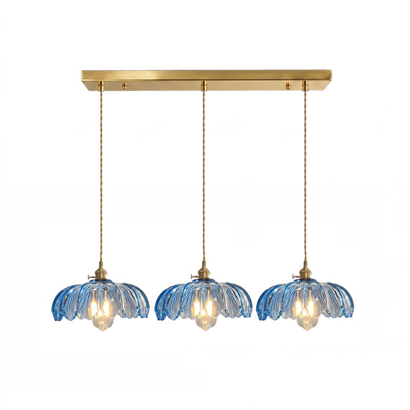 Lámpara colgante retro de latón Esmalda – 3 luces cristal azul