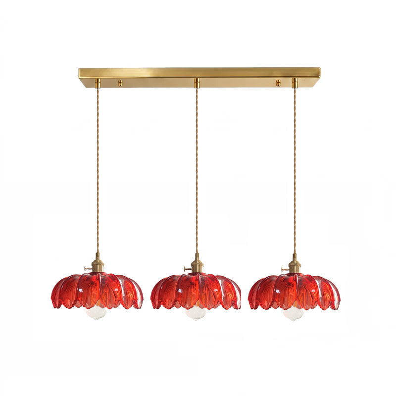Lámpara colgante retro de latón Esmalda – 3 luces cristal rojo