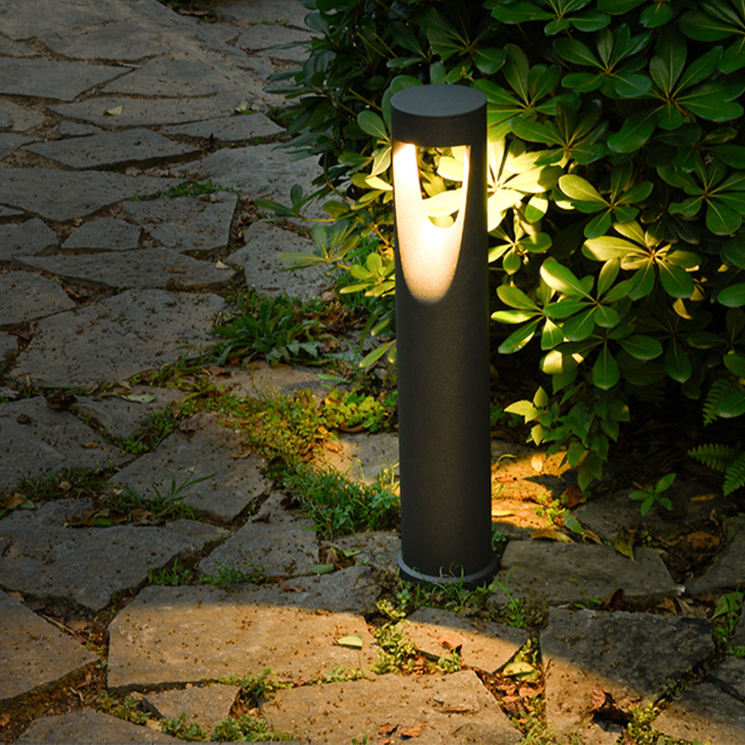 Baliza de jardín LED Jelvara – encendida entre plantas junto a un camino de piedra