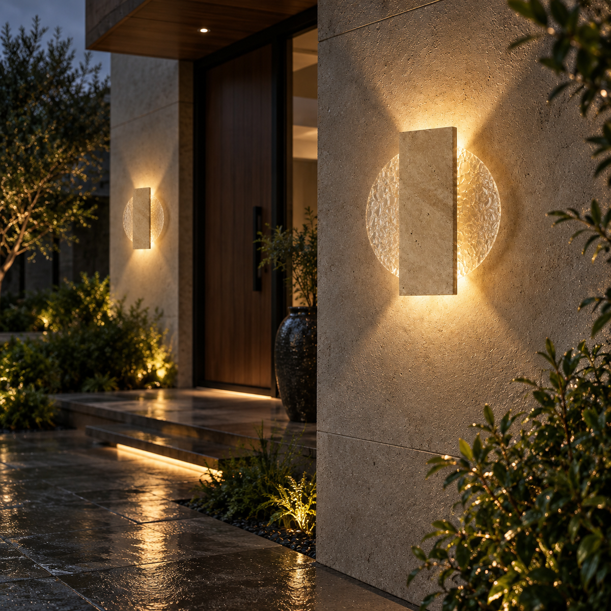 Aplique de pared exterior de travertino Jilvana – junto a una entrada al anochecer