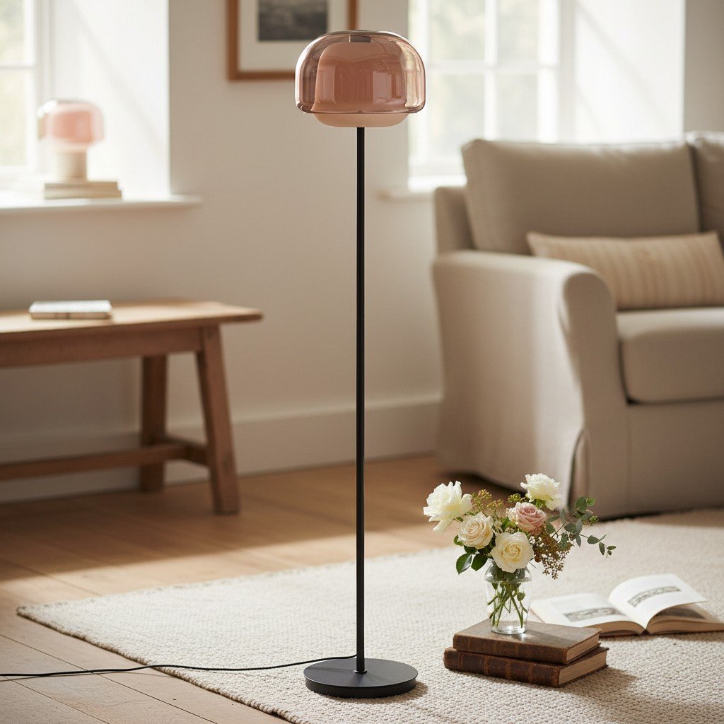 Lámpara de pie de cristal Tomira – junto a un sillón