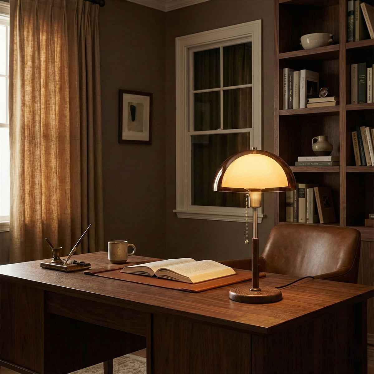 Lámpara de mesa retro Fambra – ámbar en un escritorio entre dos ventanas