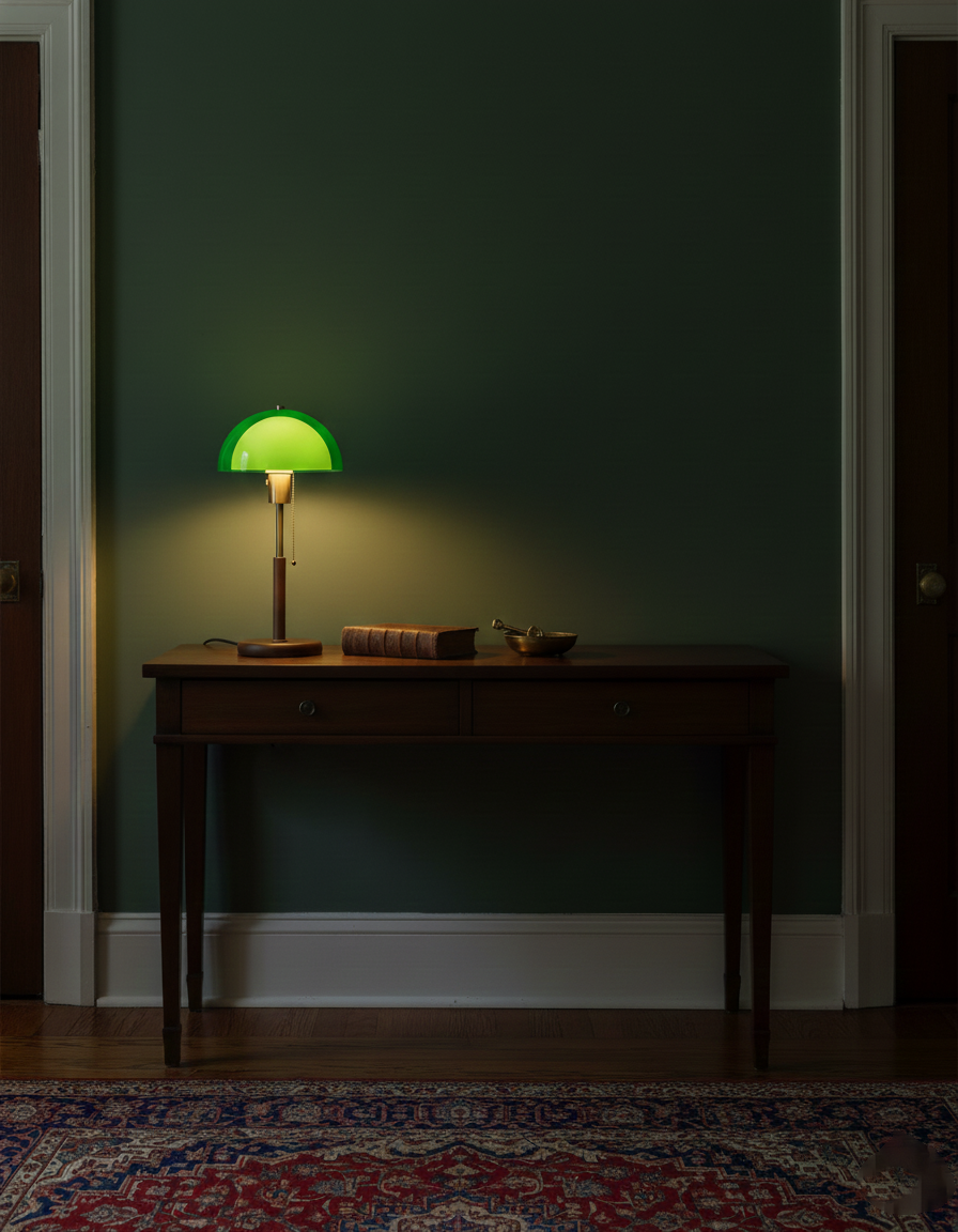 Lámpara de mesa retro Fambra – verde encendida sobre una consola en un pasillo oscuro