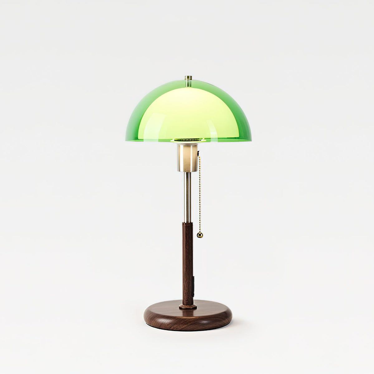Lámpara de mesa retro Fambra – versión verde vista completa con pie de nogal