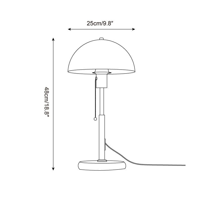 Lámpara de mesa retro Fambra – dibujo de medidas en centímetros y pulgadas
