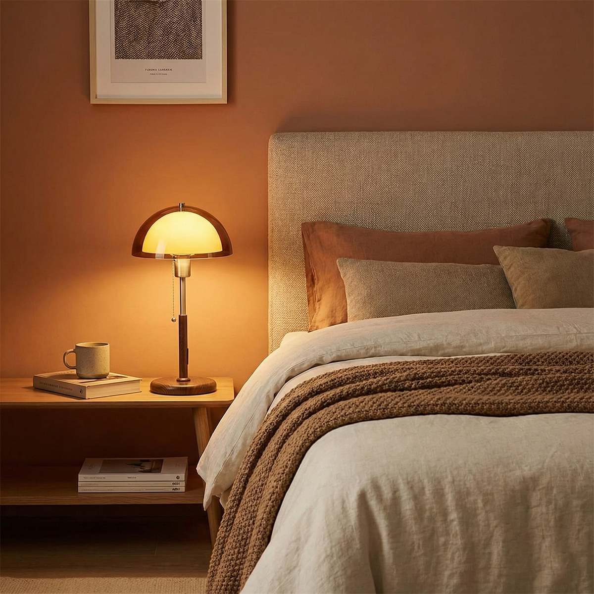 Lámpara de mesa retro Fambra – ámbar encendida en una mesita junto a la cama