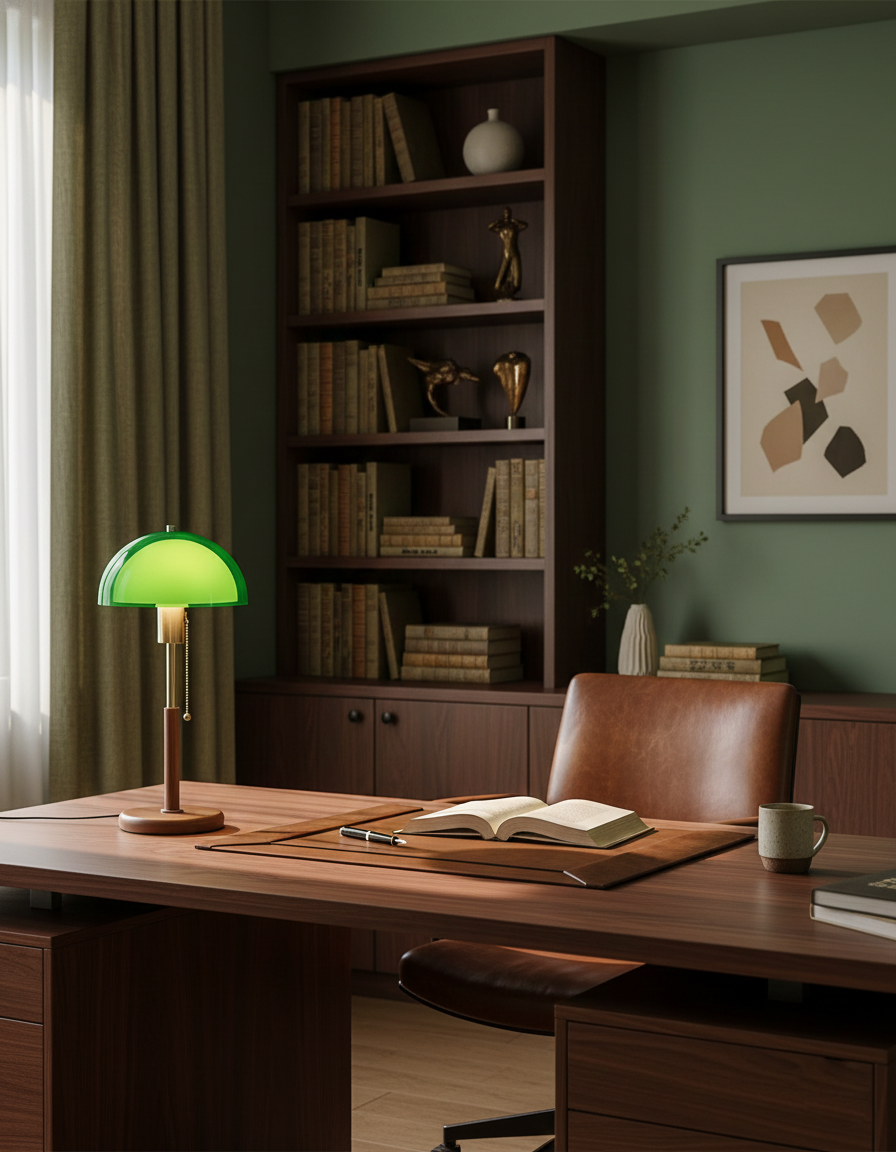Lámpara de mesa retro Fambra – verde sobre un escritorio con estantería