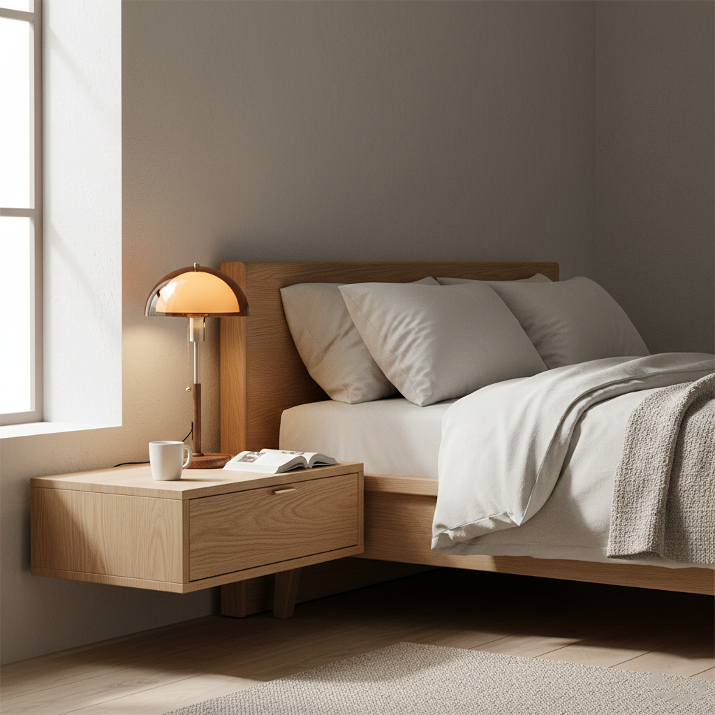 Lámpara de mesa retro Fambra – ámbar en una mesita de noche con cama blanca
