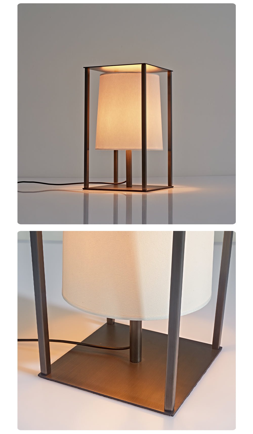 Lámpara de mesa tipo farol de metal negro y papel Farelo – detalle de la estructura y la pantalla encendida