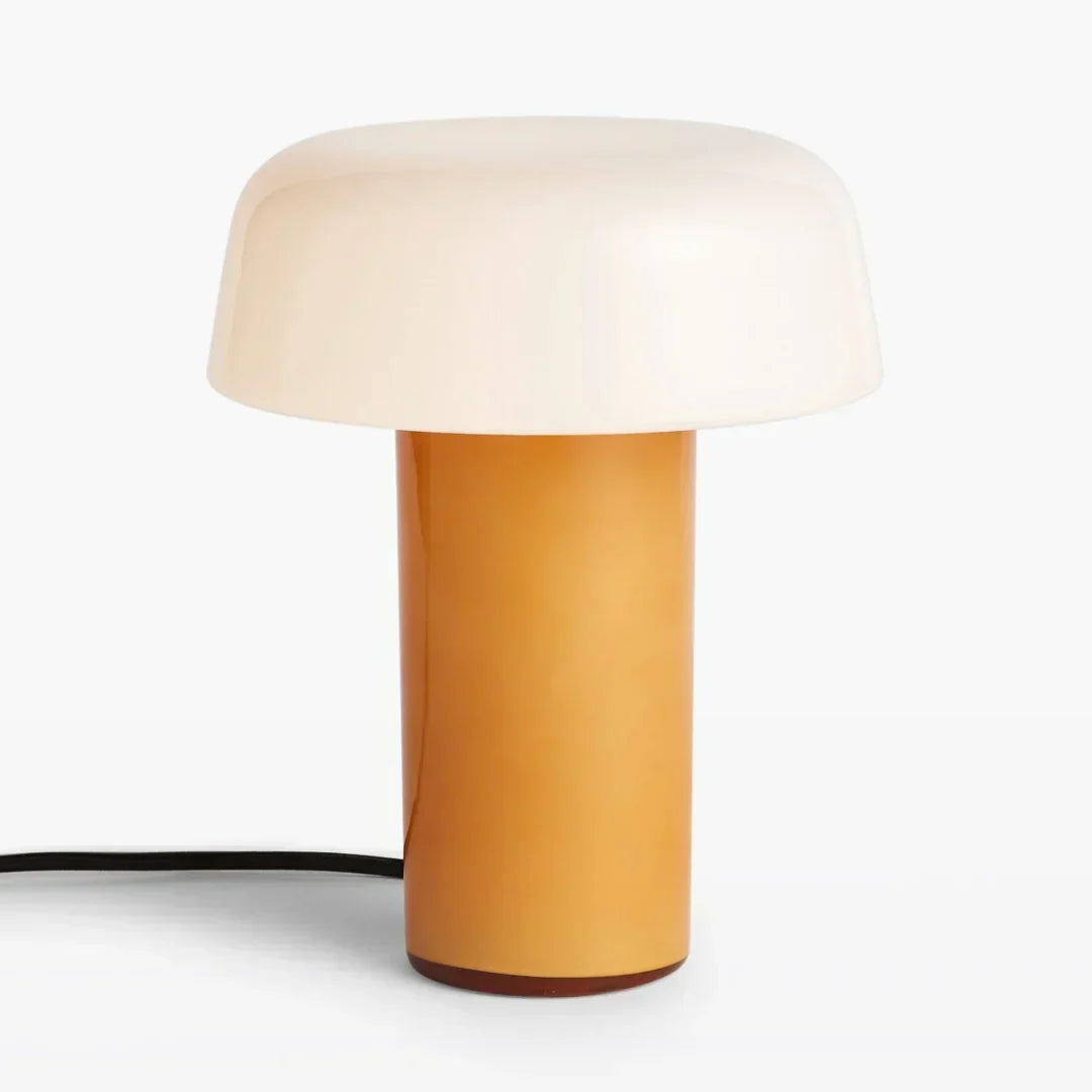 Lámpara de mesa seta de vidrio Feluna – versión ámbar con cúpula de vidrio opal