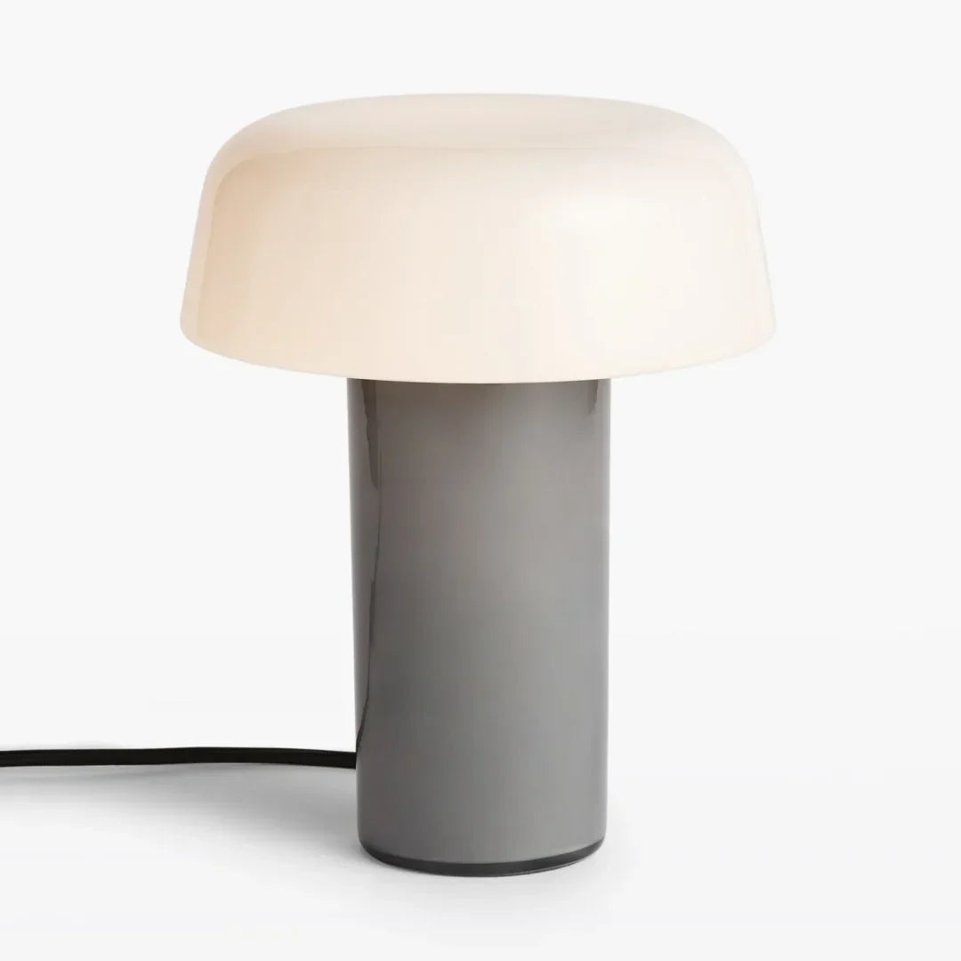Lámpara de mesa seta de vidrio Feluna – versión gris humo con cúpula de vidrio opal