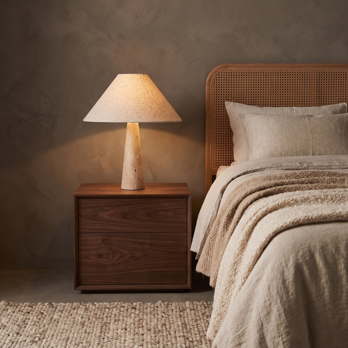 Lámpara de mesita de travertino Toscela en un dormitorio de estilo natural – imagen 2