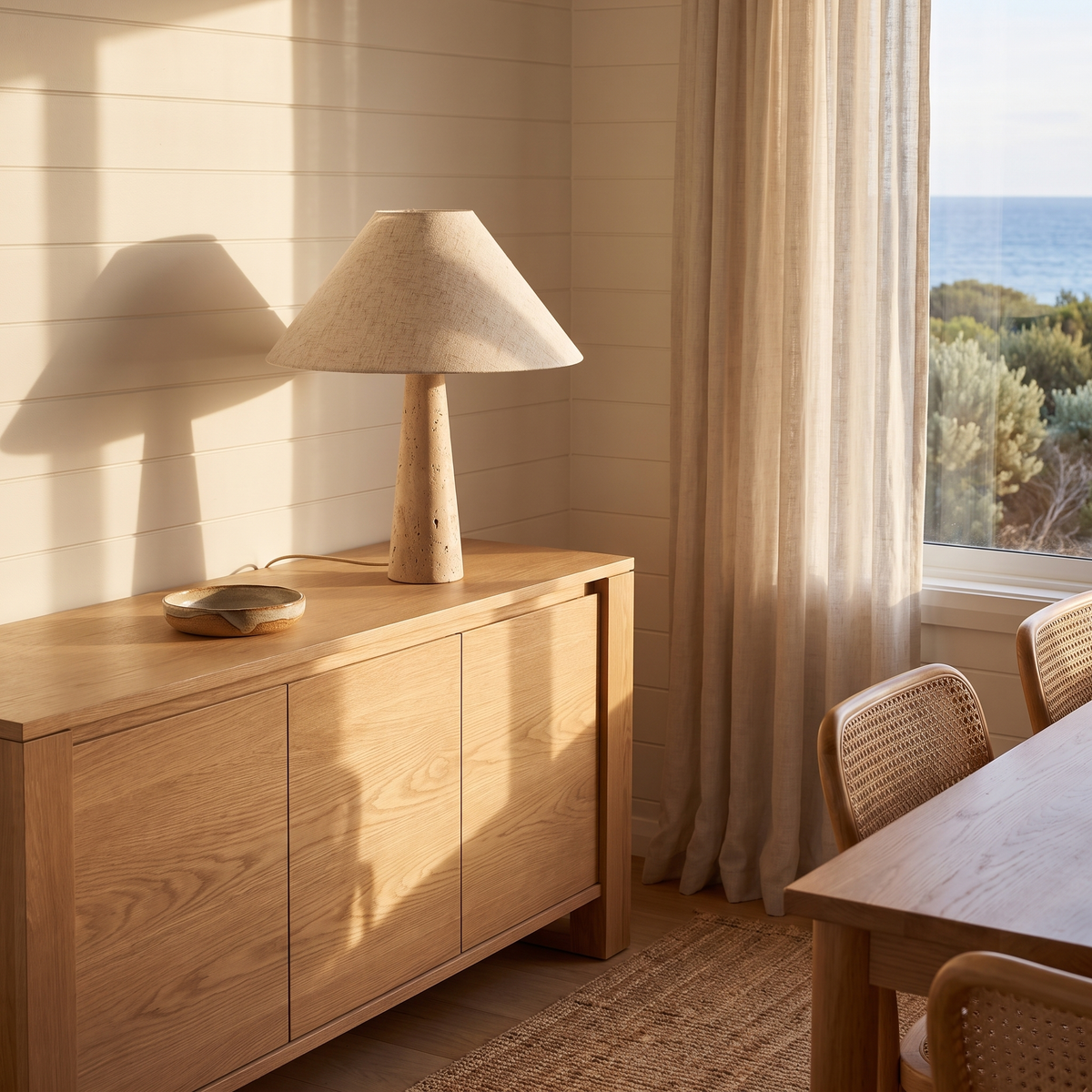 Lámpara de mesita de travertino Toscela en un dormitorio de estilo natural – imagen 3