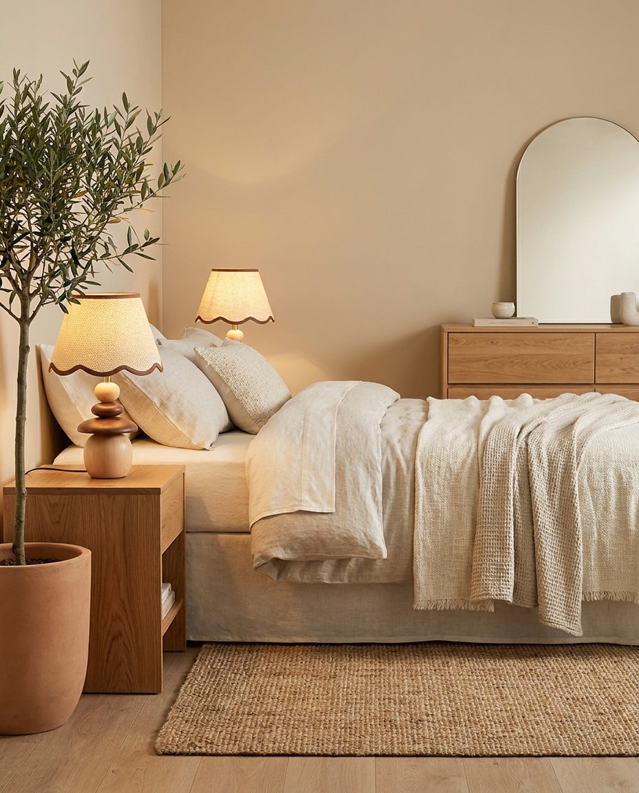 Lámpara de mesa de madera Frenela – encendida en un dormitorio con espejo de arco