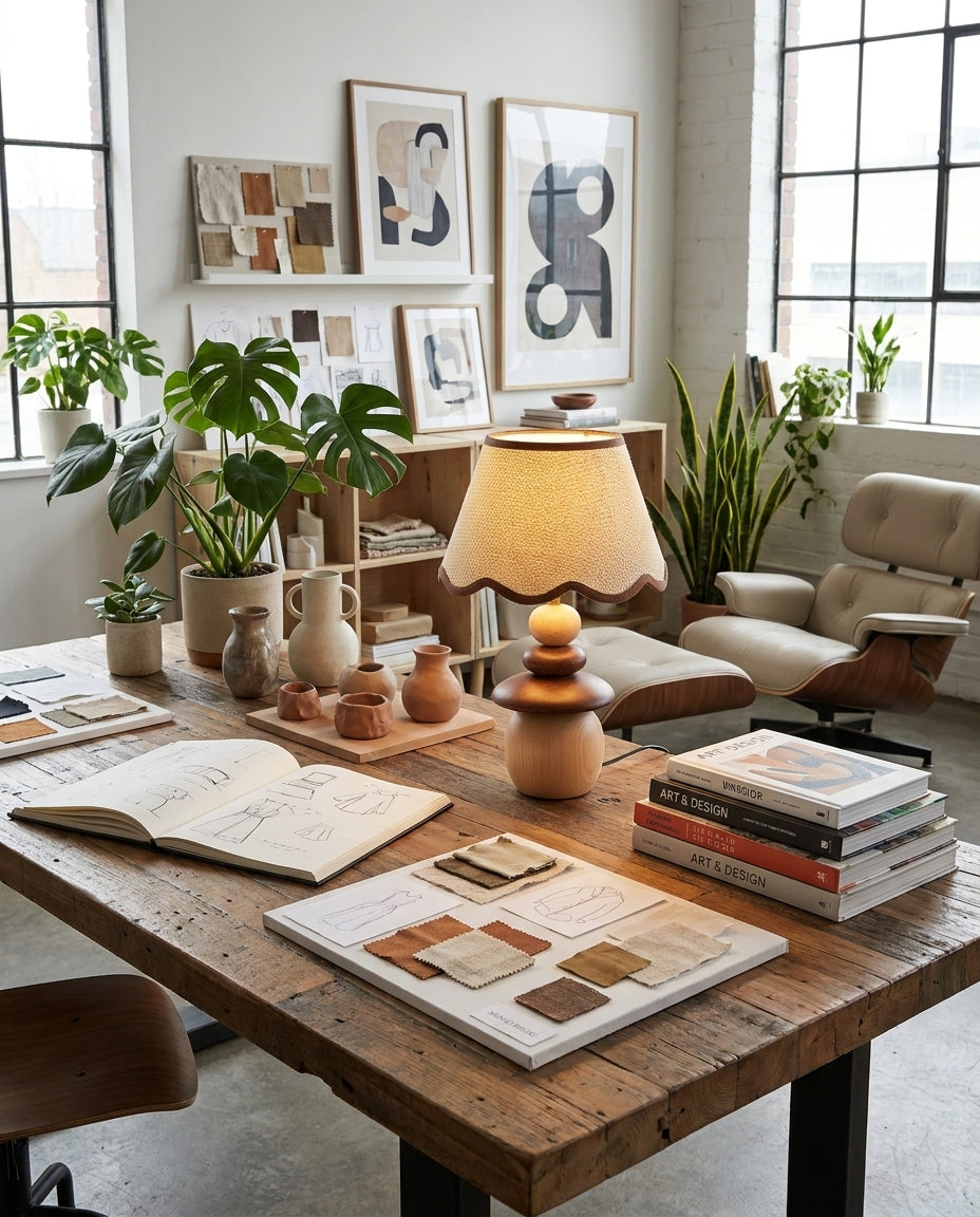 Lámpara de mesa de madera Frenela – sobre una mesa de centro con libros en un salón