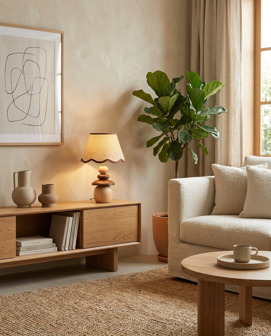 Lámpara de mesa de madera Frenela – sobre un aparador de ratán junto a una planta