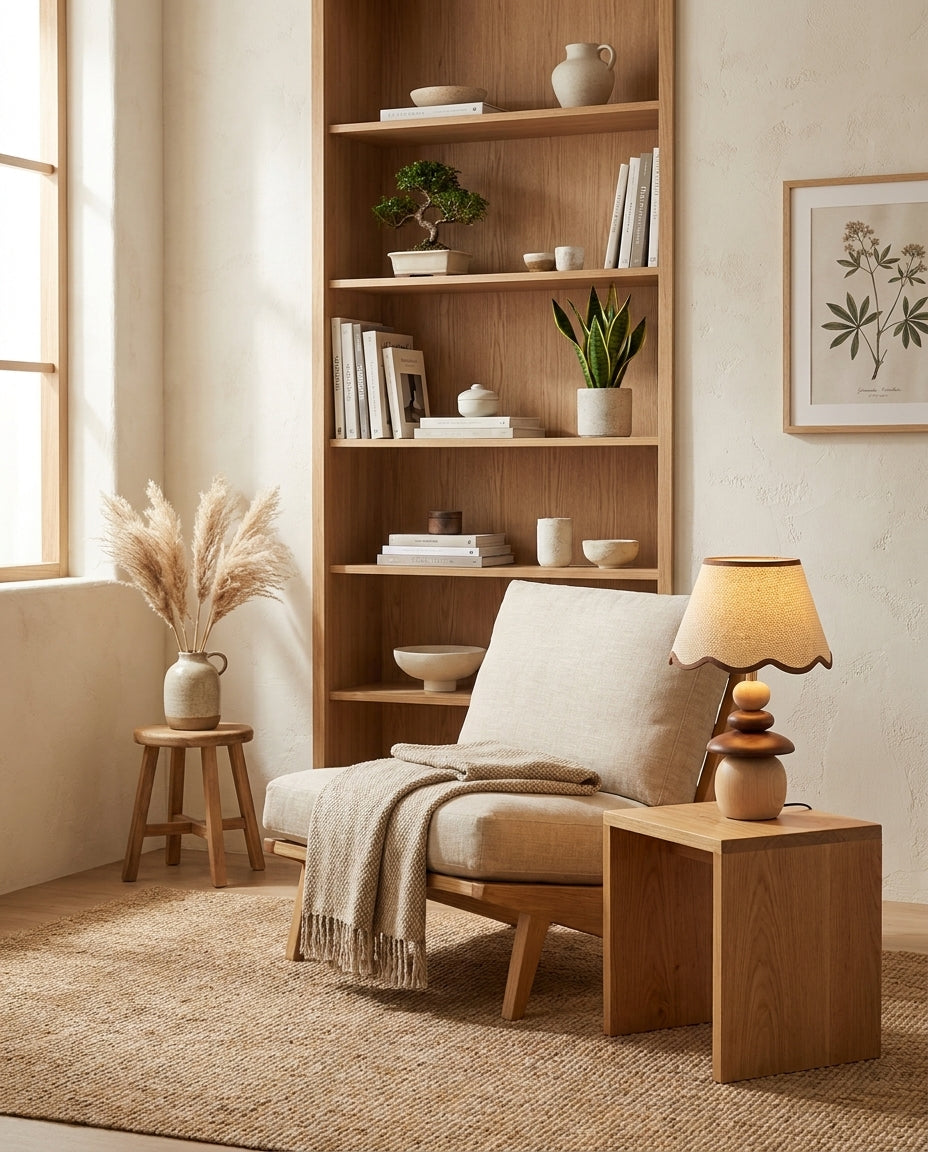 Lámpara de mesa de madera Frenela – junto a una butaca y una estantería de madera