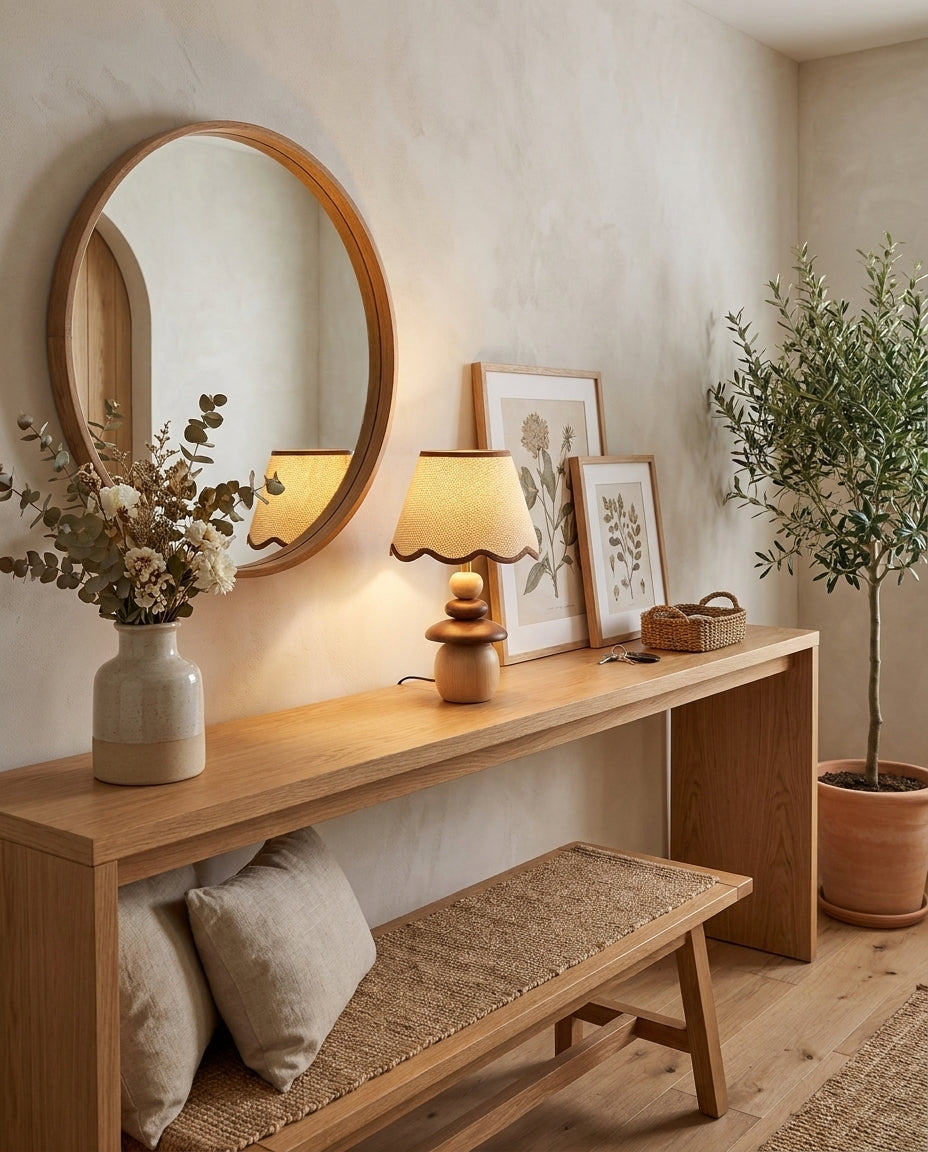 Lámpara de mesa de madera Frenela – en una consola con espejo redondo y flores secas