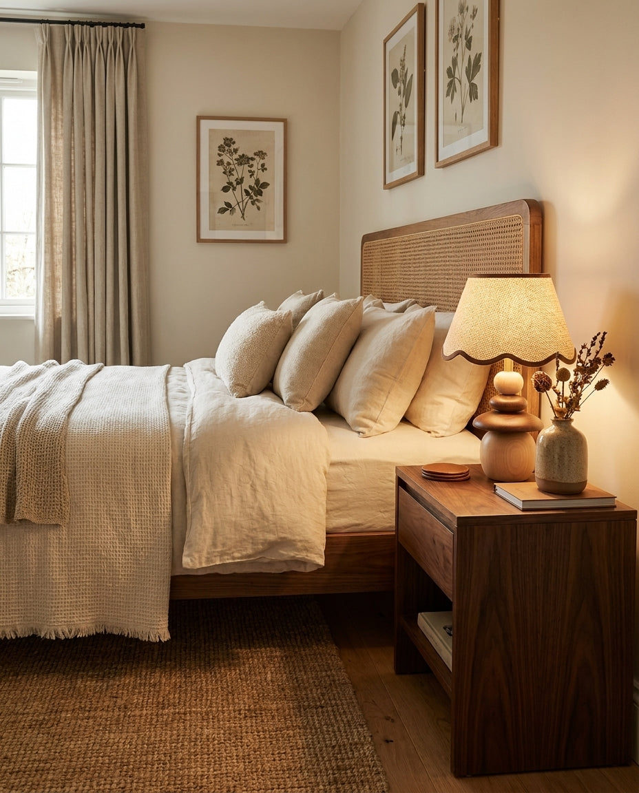 Lámpara de mesa de madera Frenela – en una mesita de noche junto a la cama