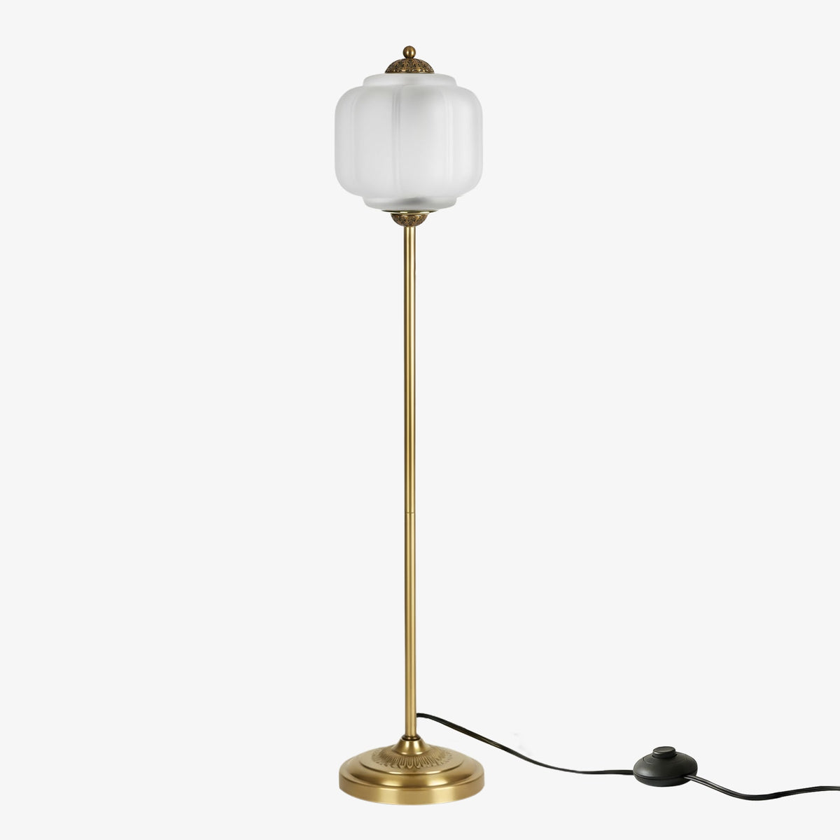 Lámpara de pie retro Tuliana – cristal esmerilado y acabado latón, pantalla de 25 cm