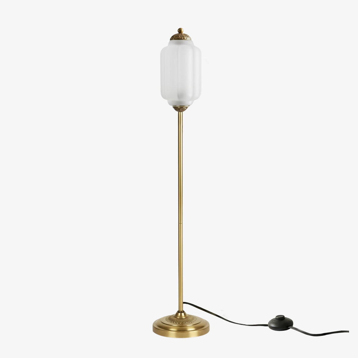 Lámpara de pie retro Tuliana – cristal esmerilado y acabado latón, pantalla de 14 cm