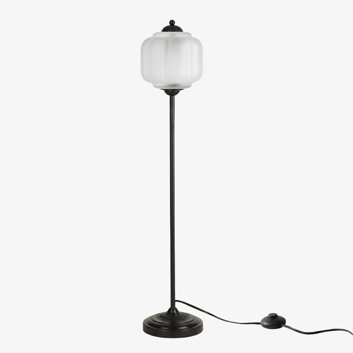 Lámpara de pie retro Tuliana – cristal esmerilado y acabado negro, pantalla de 25 cm