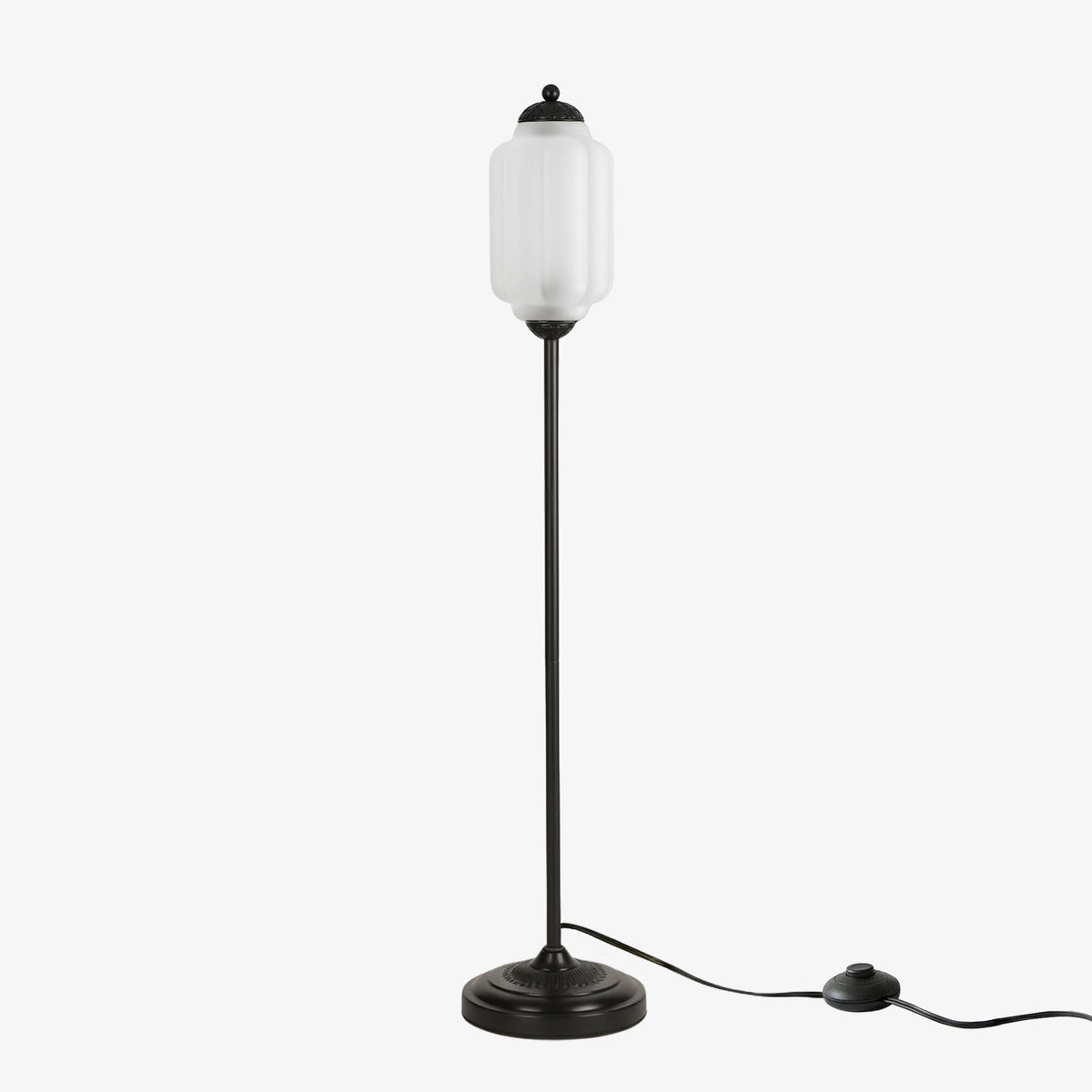 Lámpara de pie retro Tuliana – cristal esmerilado y acabado negro, pantalla de 14 cm