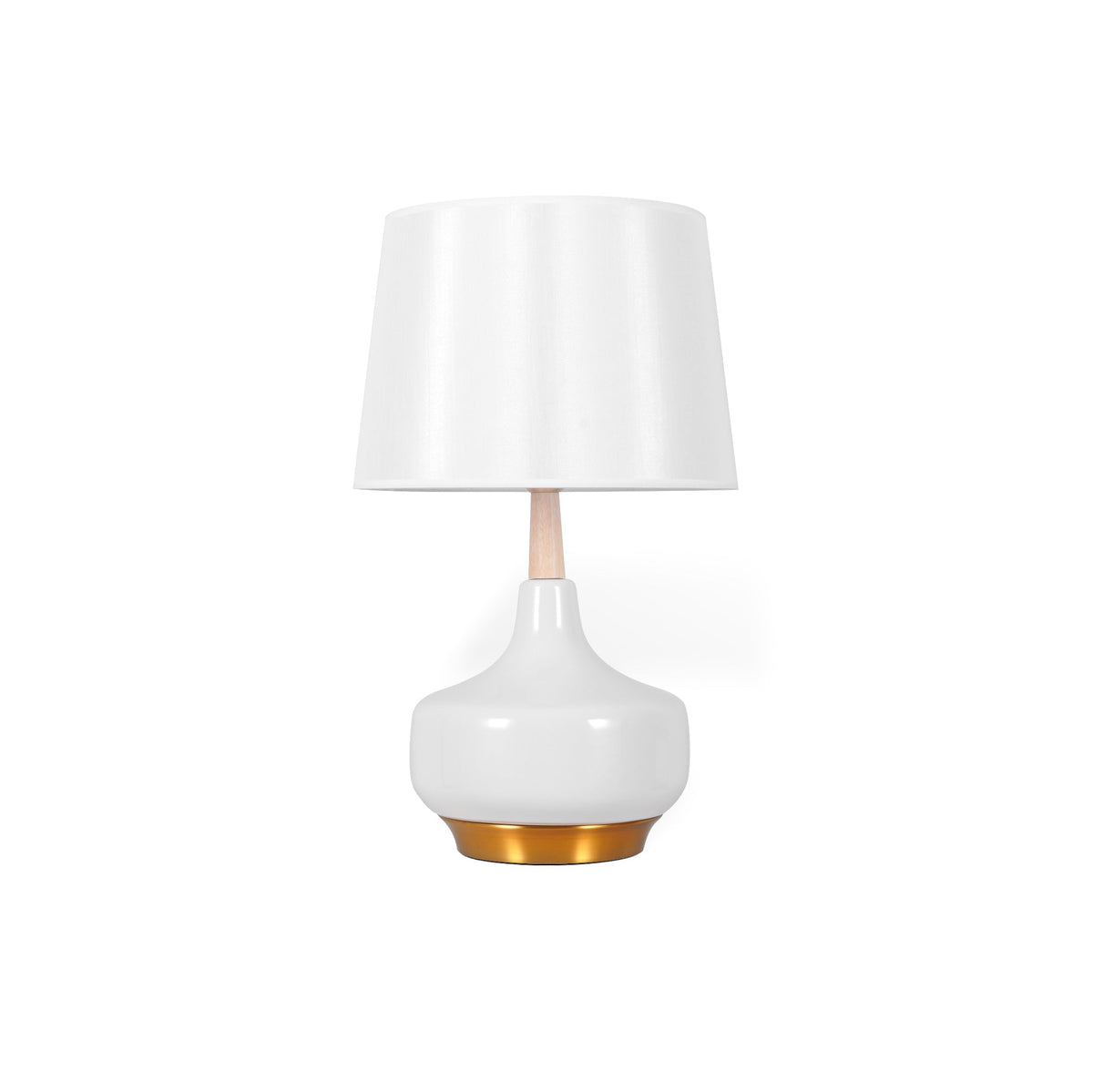 Lámpara de mesa blanca y dorada Gavena – cuerpo blanco brillante con cuello de madera natural