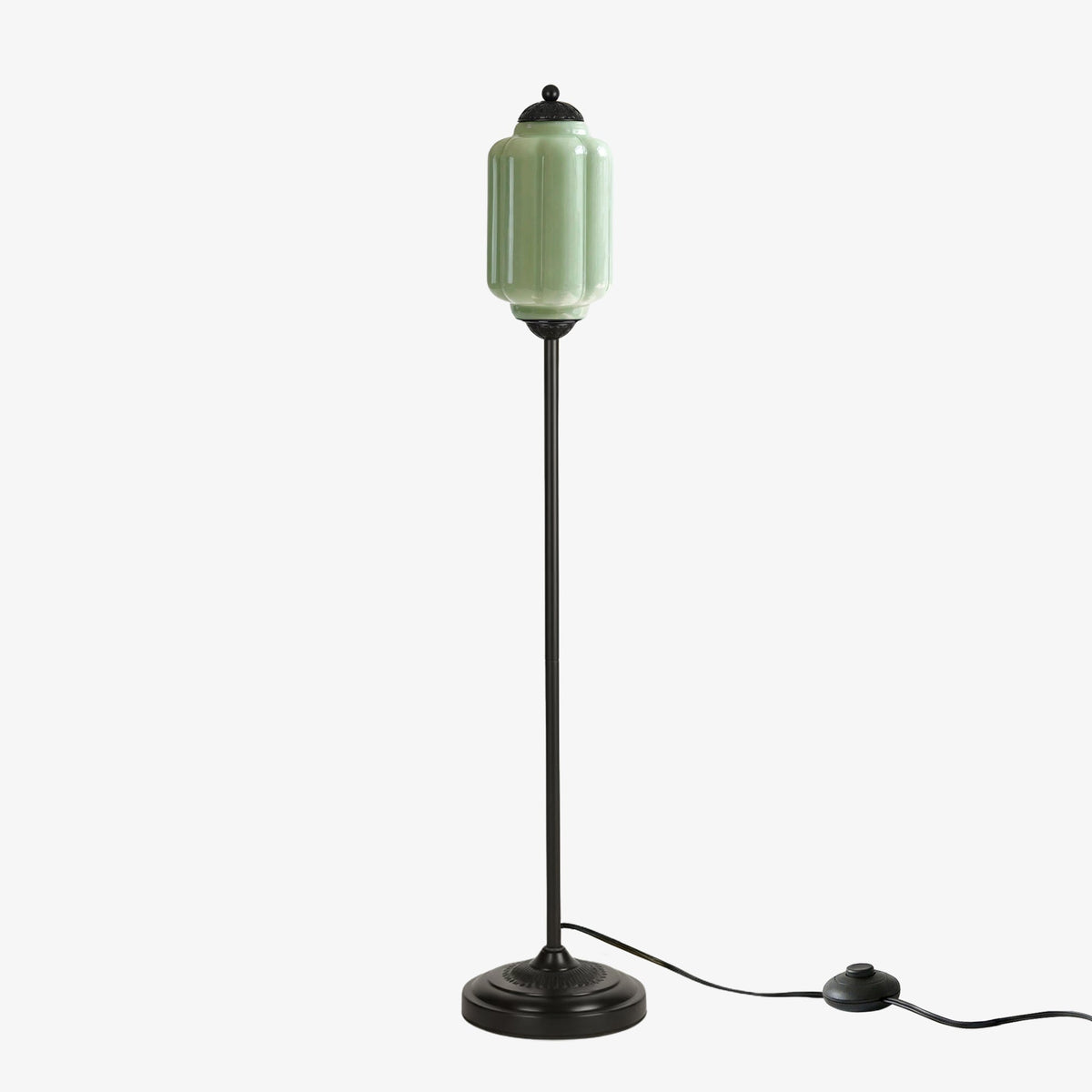 Lámpara de pie retro Tuliana – cristal verde y acabado negro, pantalla de 14 cm