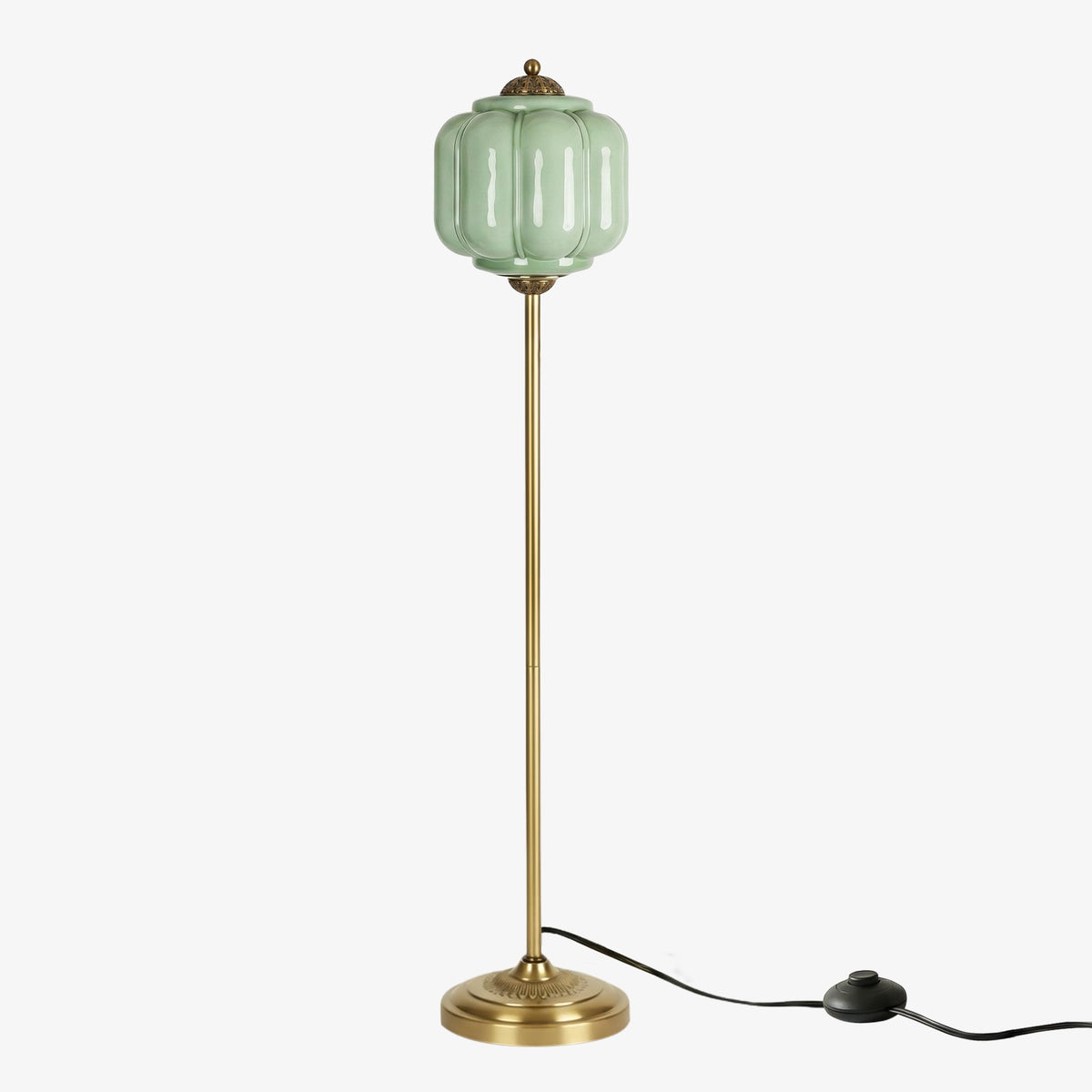 Lámpara de pie retro Tuliana – cristal verde y acabado latón, pantalla de 25 cm