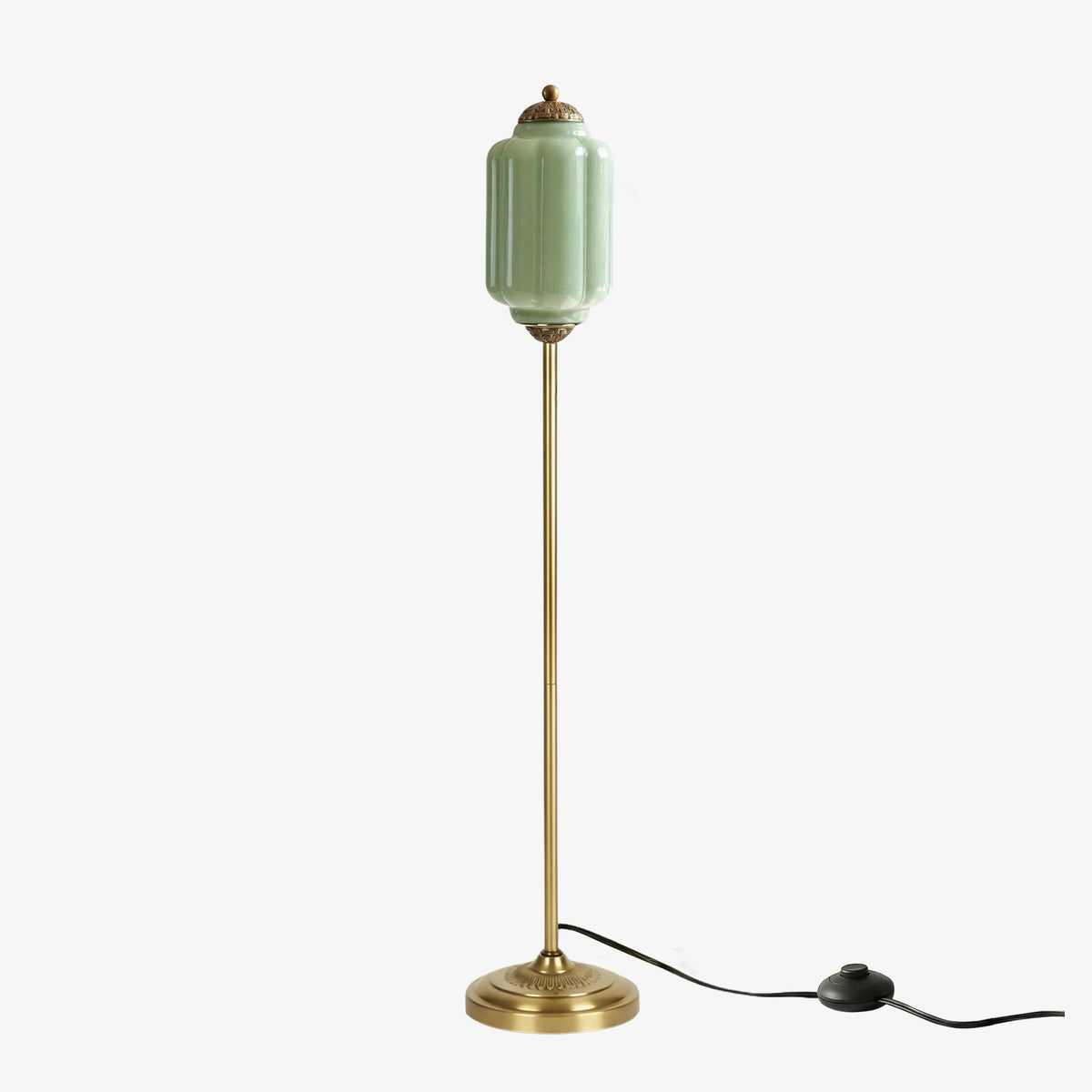 Lámpara de pie retro Tuliana – cristal verde y acabado latón, pantalla de 14 cm